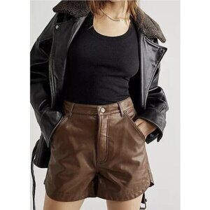 FREE PEOPLE Lita Vegan Faux Leather Shorts in Mocha Mob Wives Neutral Sz 10 NWT